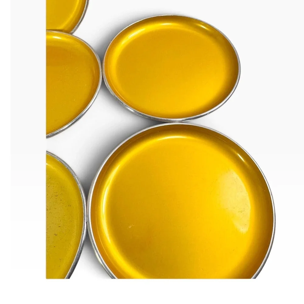 Vintage Emalox Norway Yellow Gold Anodized Aluminum Coasters Set of 7 MCM 4in